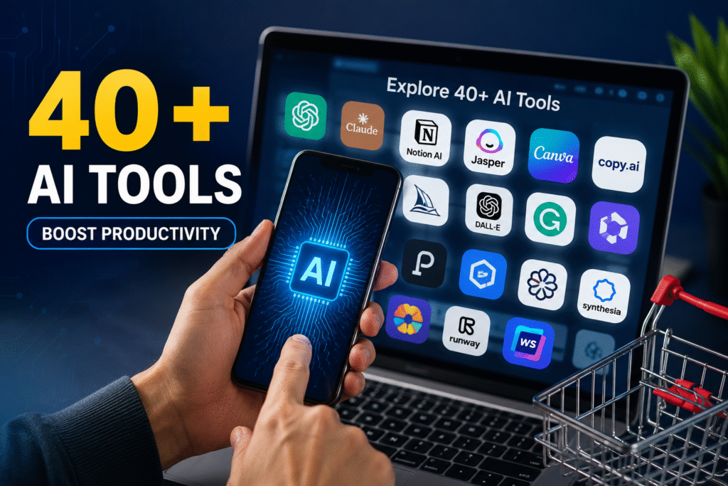 40+ AI tools displayed on a laptop with an AI-powered smartphone