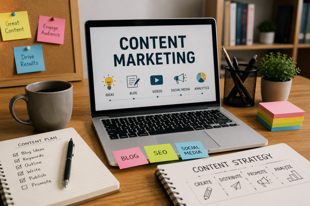 Content marketing strategy workspace with laptop, content plan, SEO, social media, blog, videos, and analytics