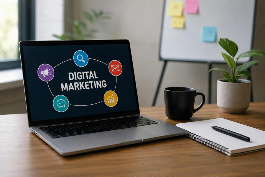 Digital marketing concept with laptop, search, email, social media, and analytics icons