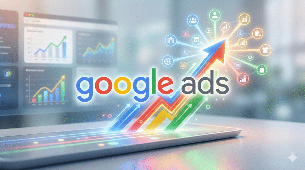 Google Ads digital advertising concept with growth charts and upward arrow