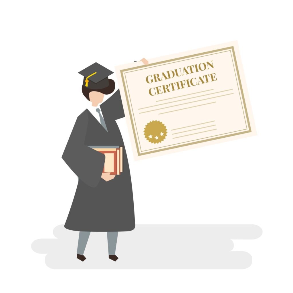 Graduate student holding books beside a graduation certificate