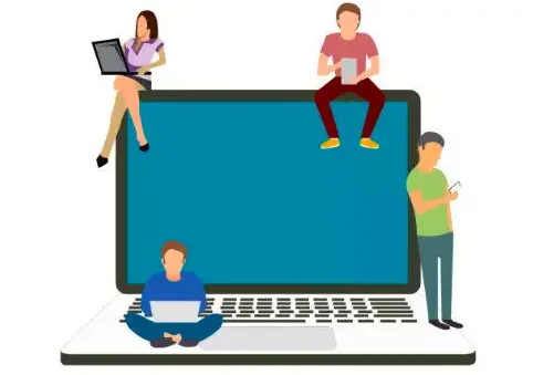 Students using a laptop for online learning and digital education