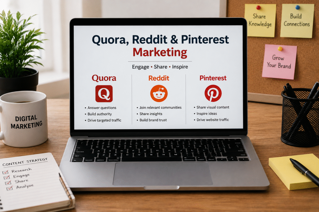 Laptop displaying Quora, Reddit and Pinterest marketing strategies