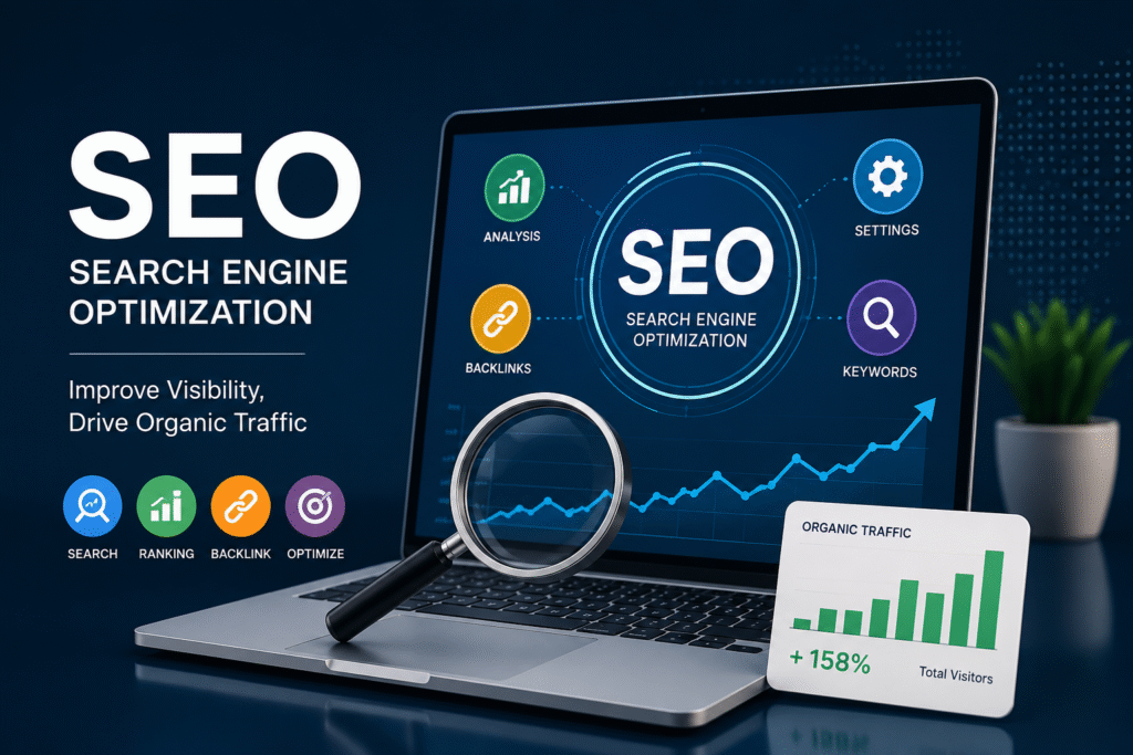 SEO search engine optimization concept with laptop, keywords, backlinks, rankings, and organic traffic chart