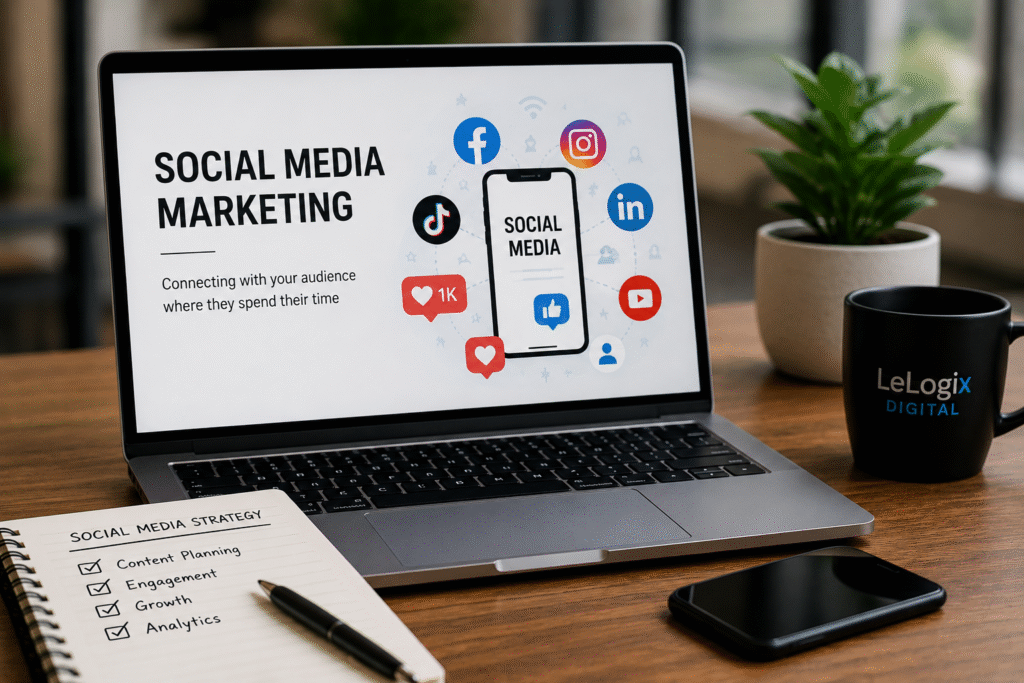 Social media marketing concept with laptop, social media icons, smartphone, and marketing notes