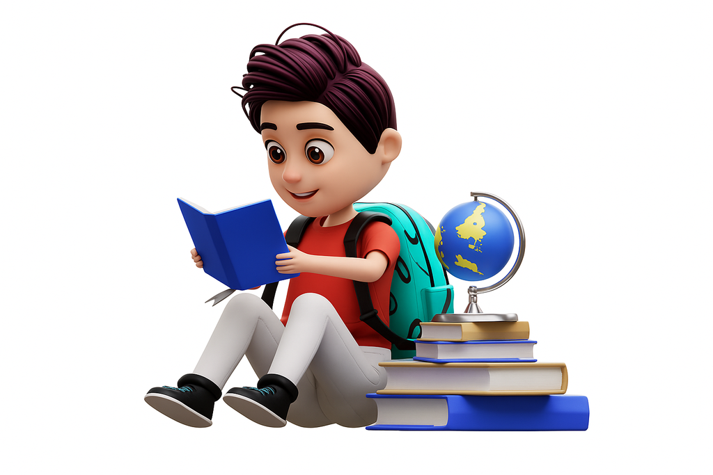 Cartoon student reading a book with a backpack, globe, and stack of books
